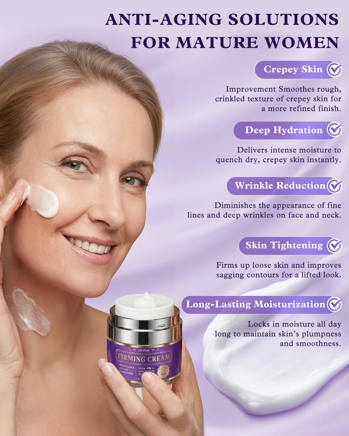 UKVOA Anti Aging Cream neck-face application demonstrates targeted use on sagging areas.