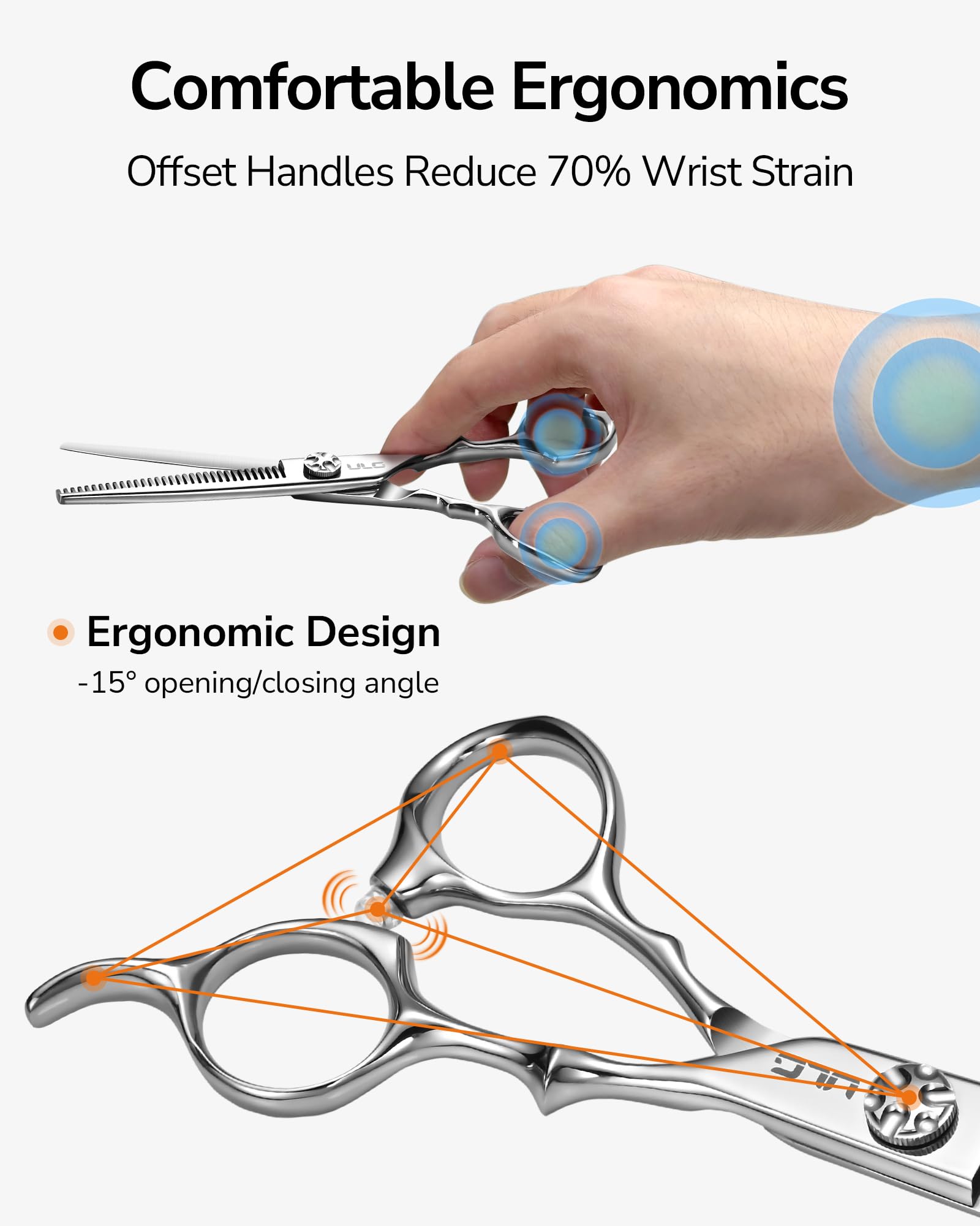 ULG dual scissors kit in hand, versatile for trimming and layering.