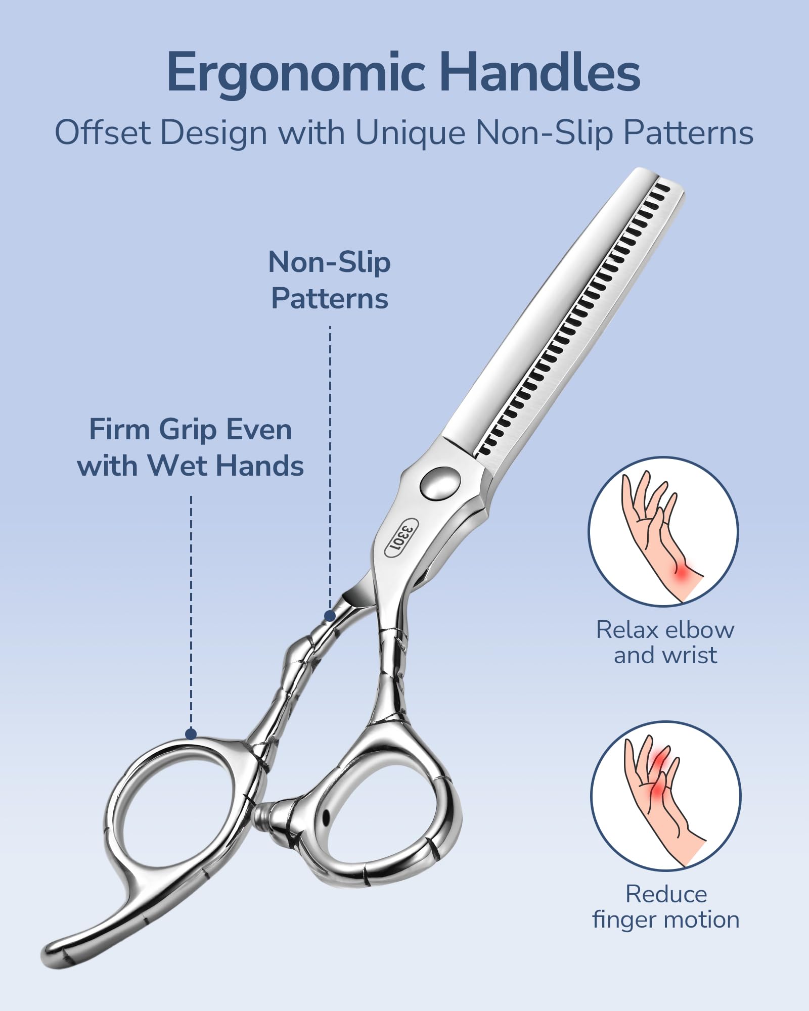 ULG ergonomic offset handles with patterned design ensure comfortable grip and precise control