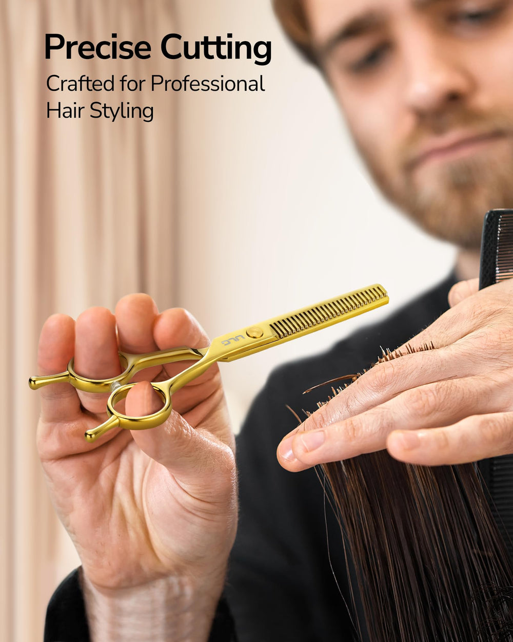 ULG gold finish shears in action for clean cuts and smooth thinning