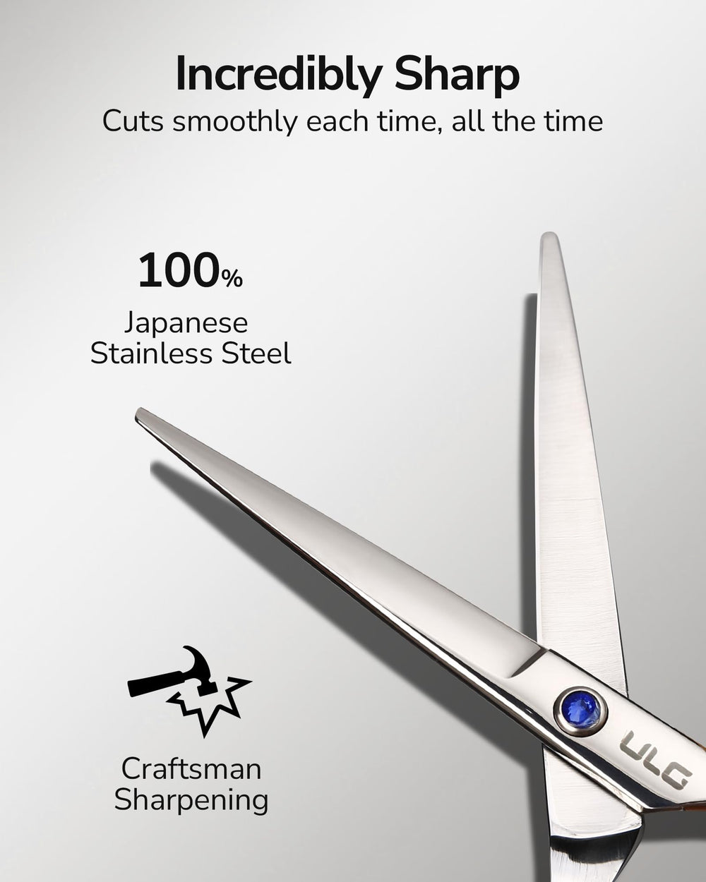 ULG hair cutting scissors close-up blade highlights sharp, clean trims.