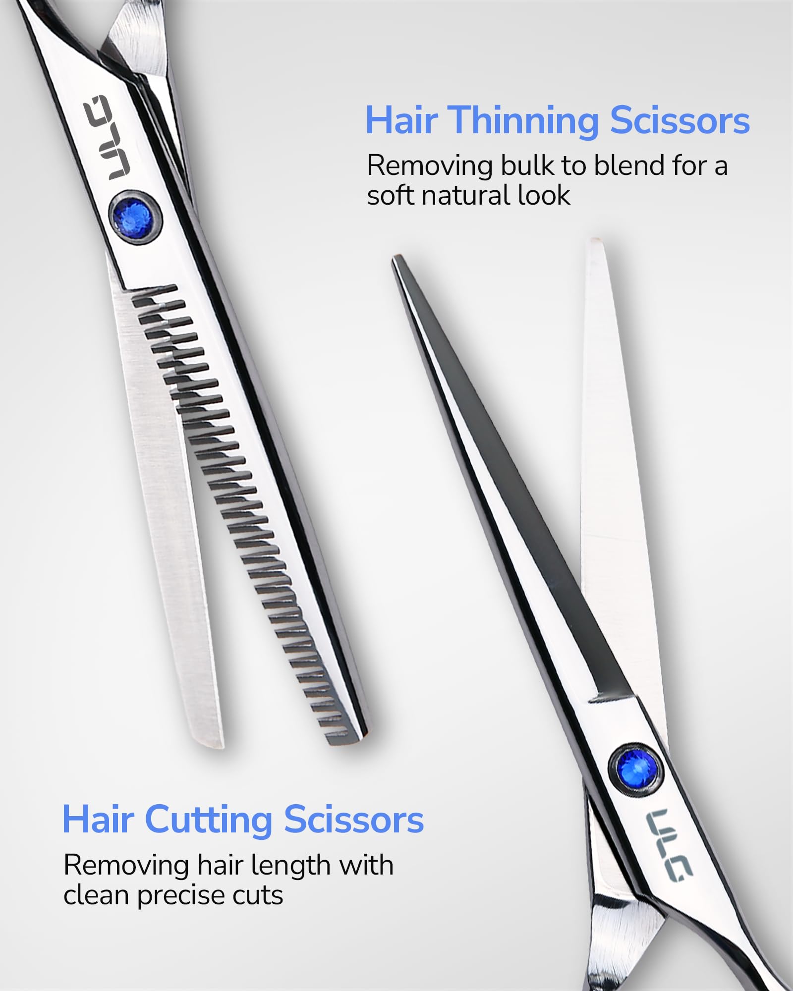 ULG hair cutting scissors with off-set handle showing ergonomic grip for comfortable long sessions
