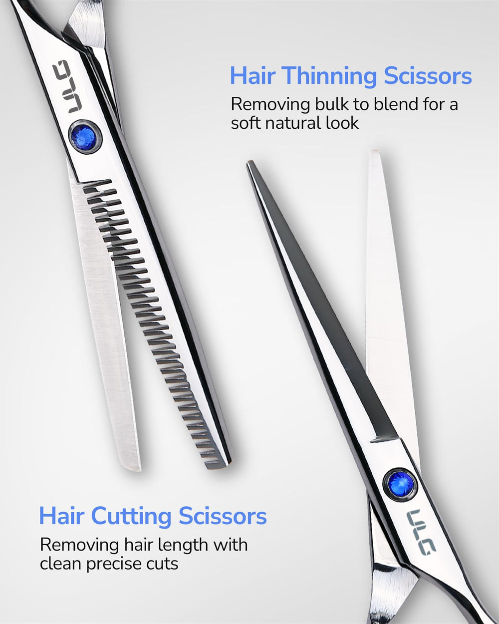 ULG hair cutting scissors with off-set handle showing ergonomic grip for comfortable long sessions