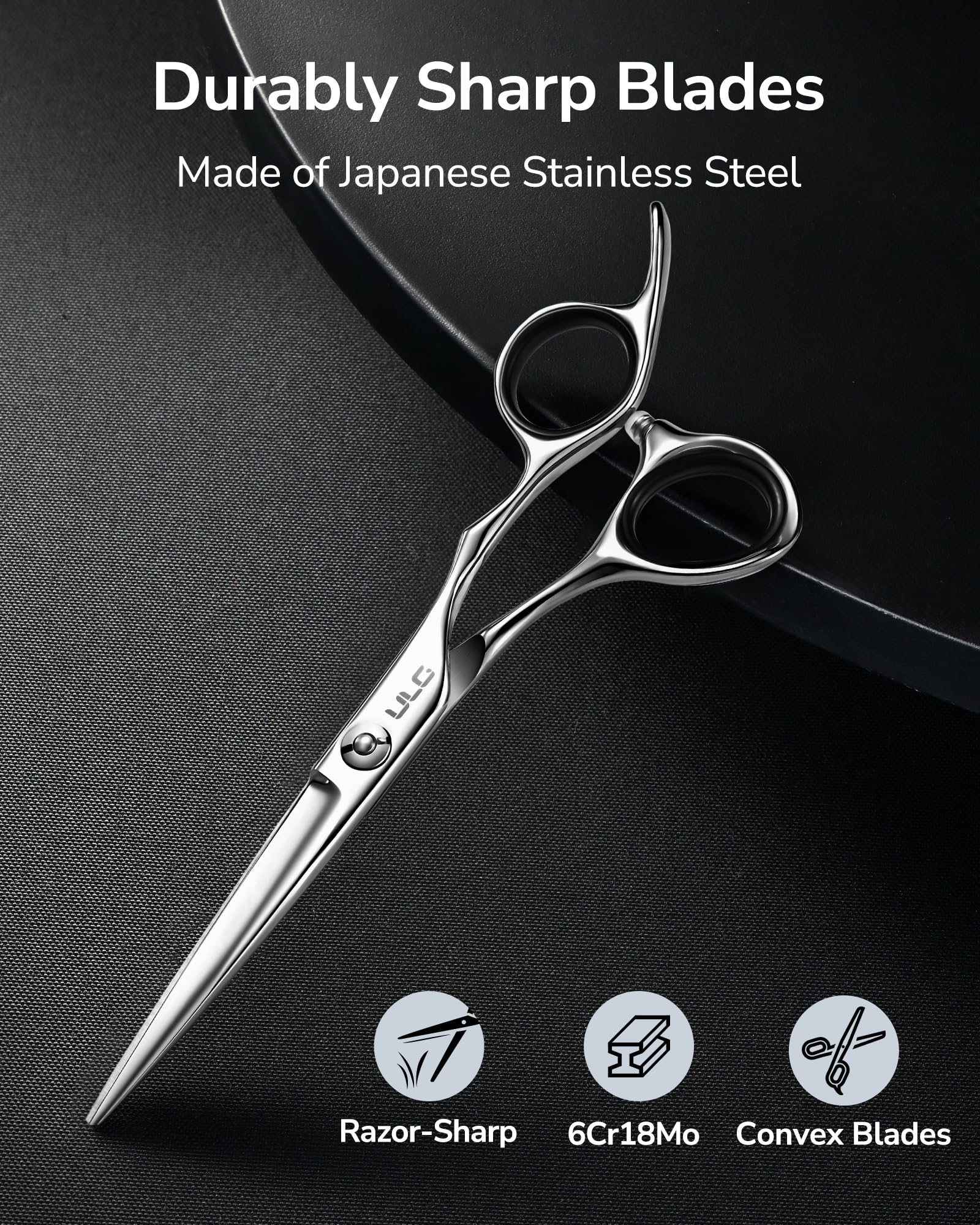 ULG hair cutting scissors ergonomic offset handles close-up reduce hand fatigue during long sessions.