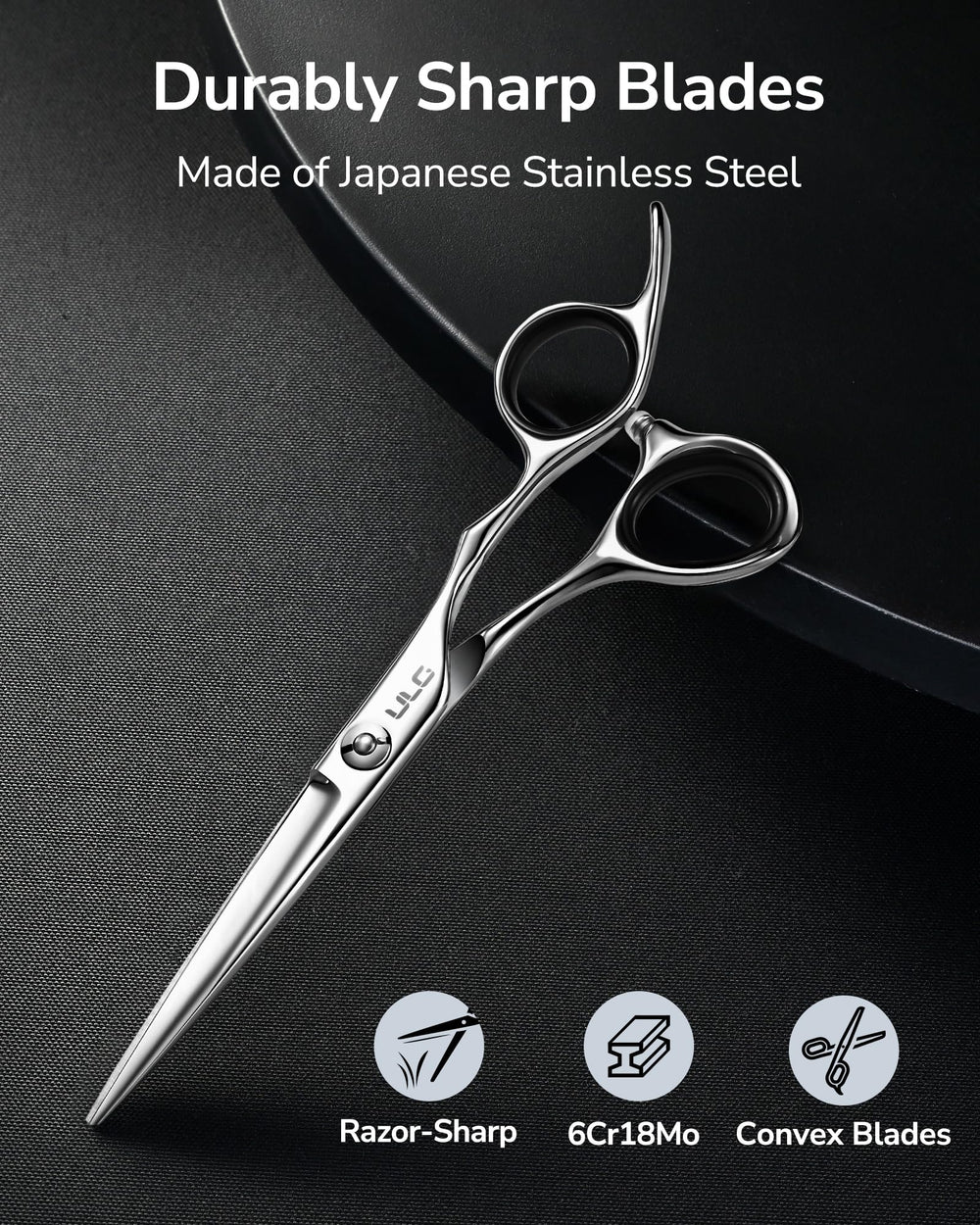 ULG hair cutting scissors ergonomic offset handles close-up reduce hand fatigue during long sessions.