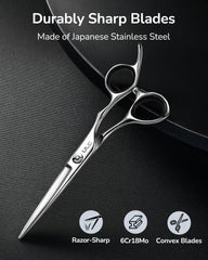 ULG hair cutting scissors ergonomic offset handles close-up reduce hand fatigue during long sessions.