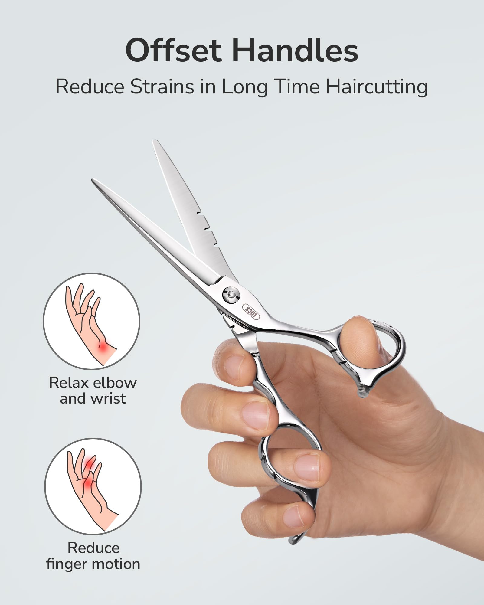 ULG muffler-equipped scissors reduce noise during styling sessions.