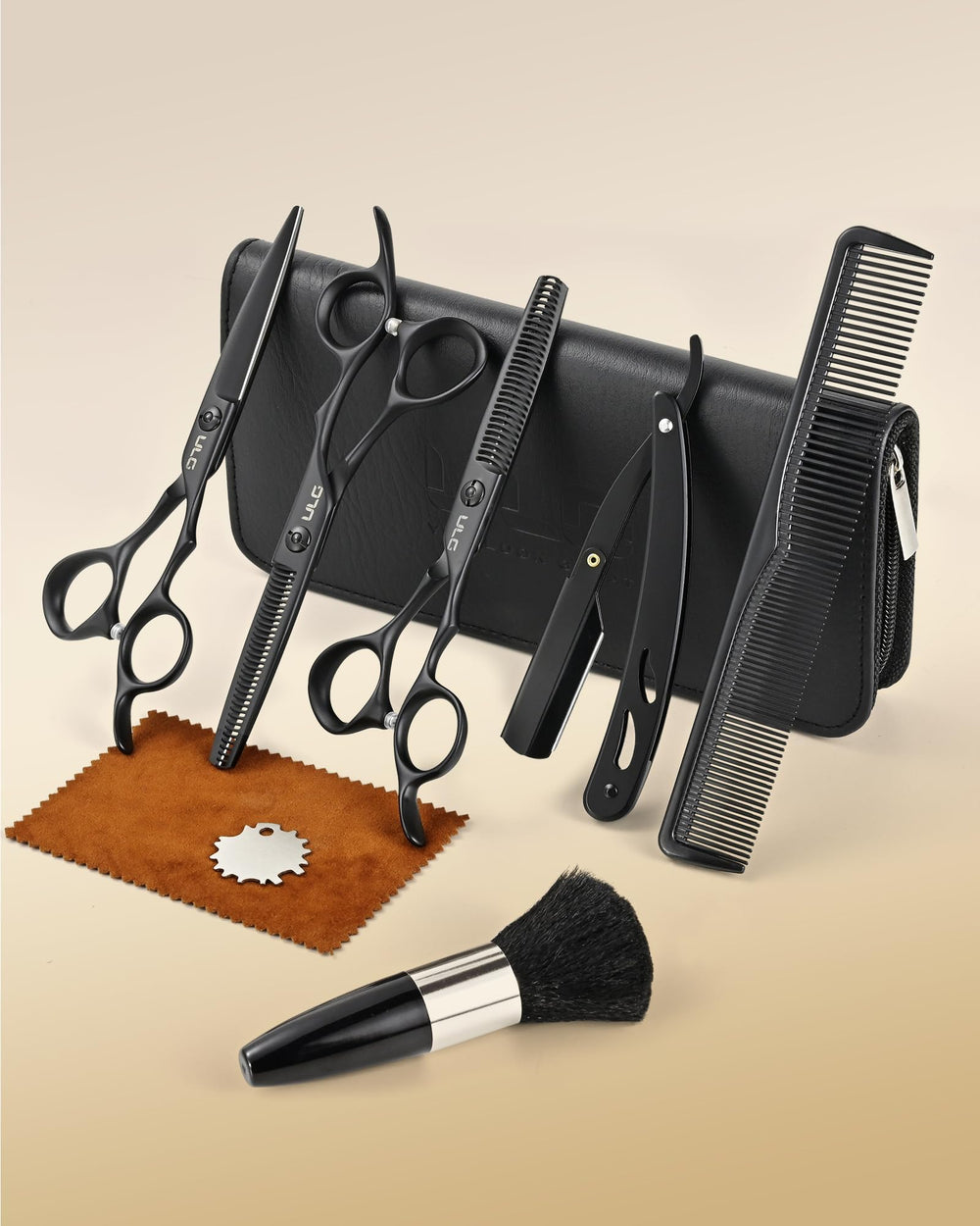 ULG hair cutting scissors set box showing premium kit ready for home or salon use