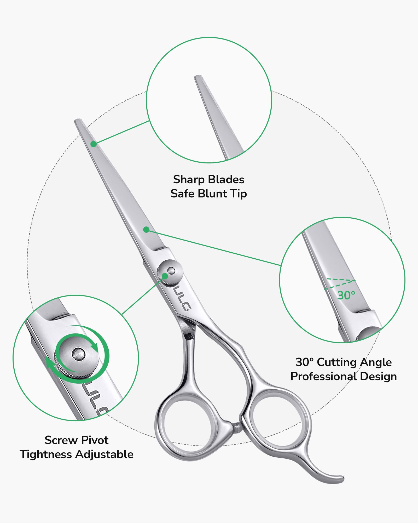 ULG Hair Cutting Scissors Set ergonomic grip supports comfortable long-use styling.