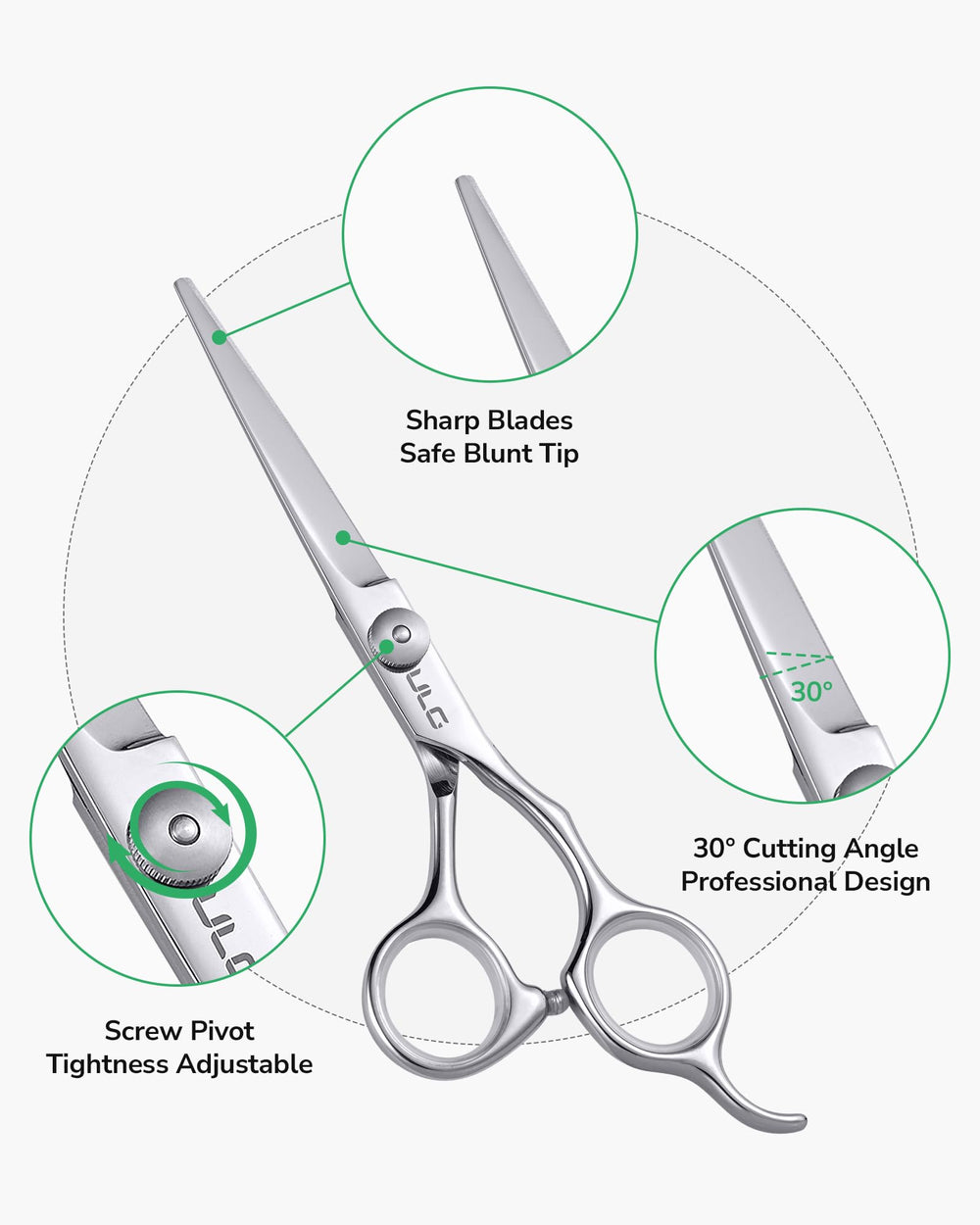 ULG Hair Cutting Scissors Set ergonomic grip supports comfortable long-use styling.