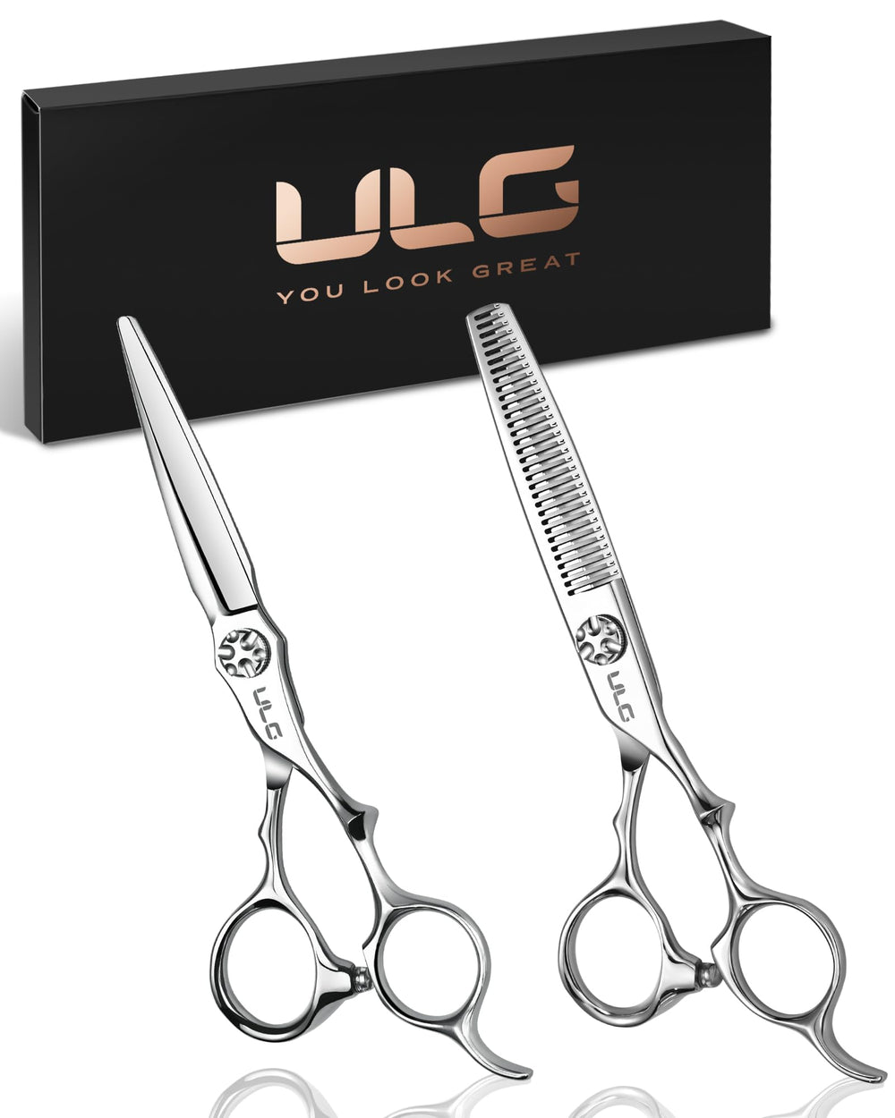 ULG hair cutting shears close-up with precise blades for smooth salon-quality cuts.