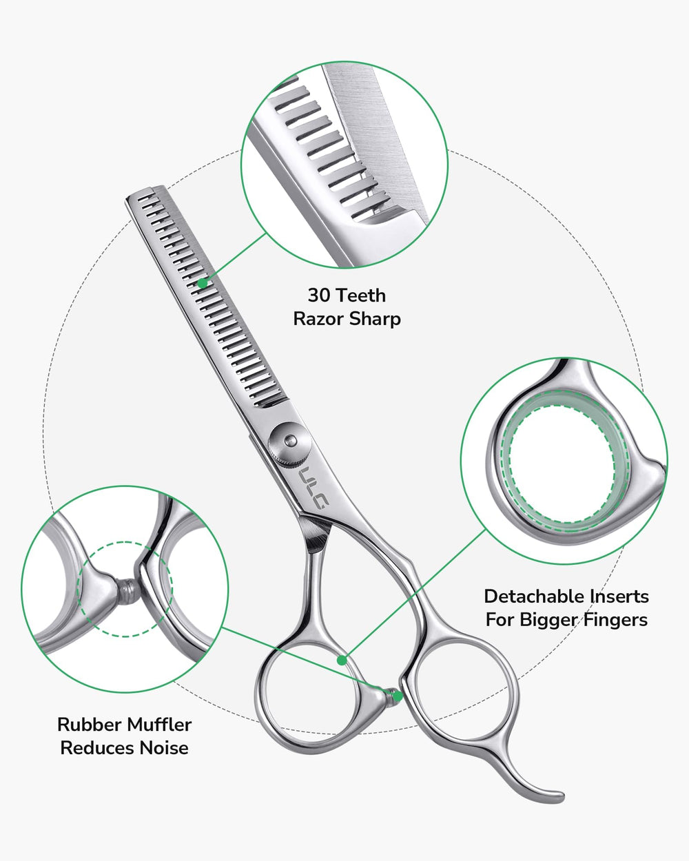 ULG thinning scissors featuring blue sapphire pivot for durable salon-grade use