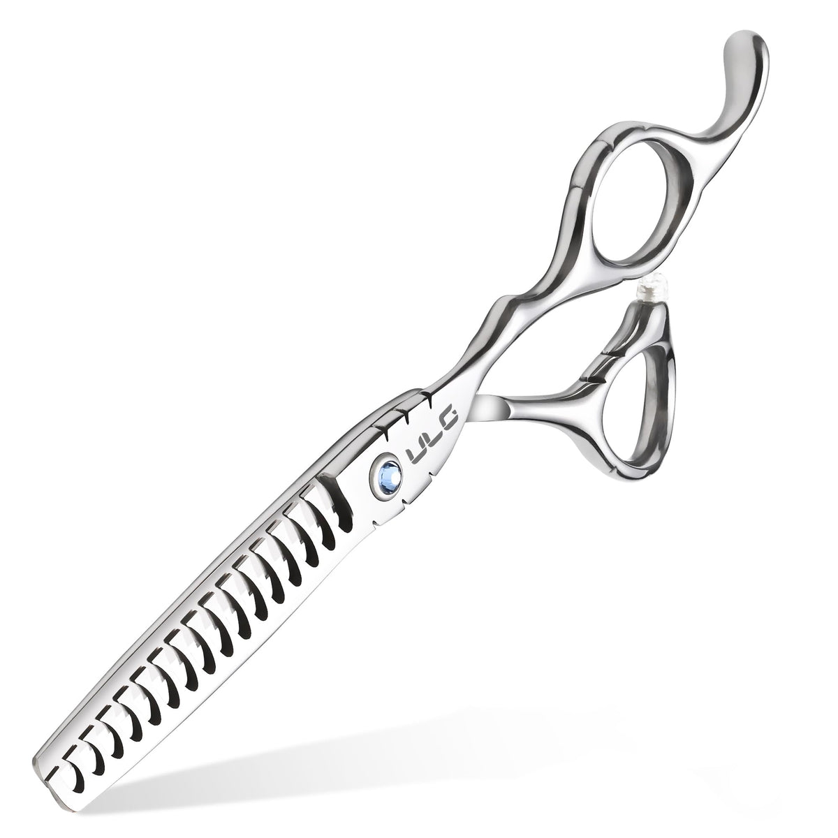 ULG hair thinning scissors in action with 16-tooth chunker for precise thinning