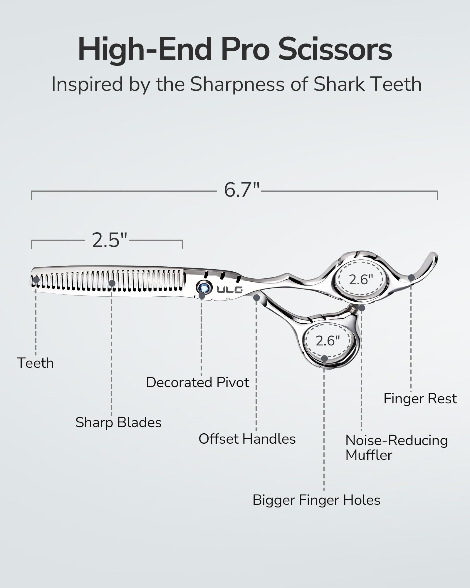 ULG thinning scissors Shark Series offset handle for ergonomic comfort.
