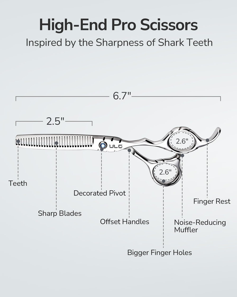 ULG thinning scissors Shark Series offset handle for ergonomic comfort.