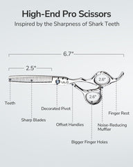 ULG thinning scissors Shark Series offset handle for ergonomic comfort.