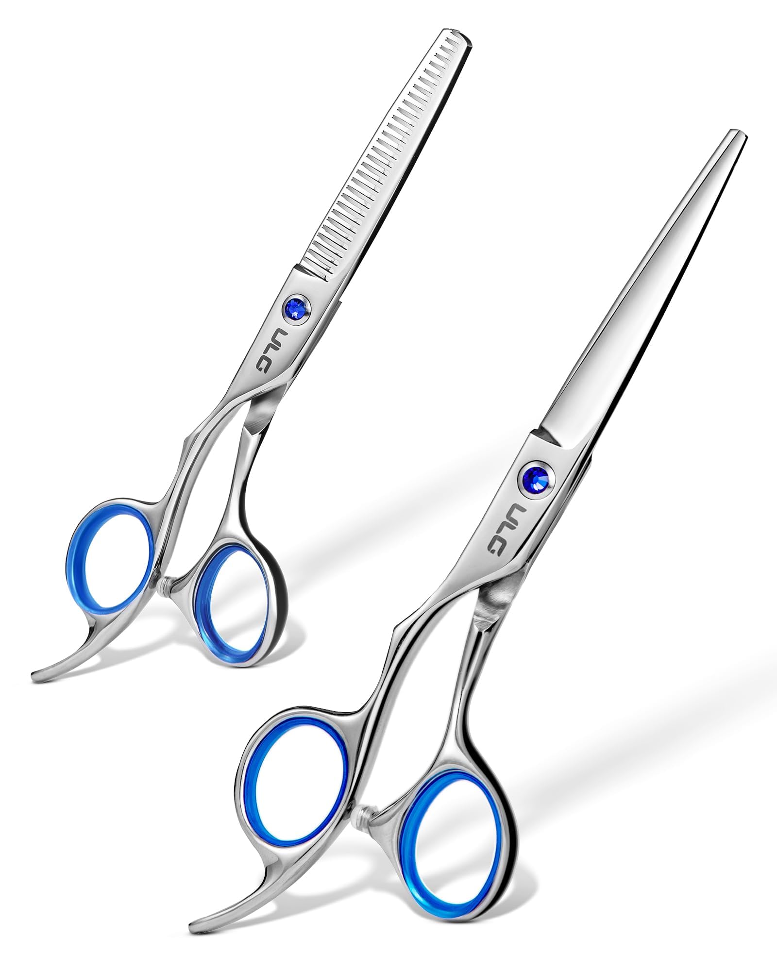 ULG left-handed hair cutting scissors with blue sapphire pivot for precise cuts
