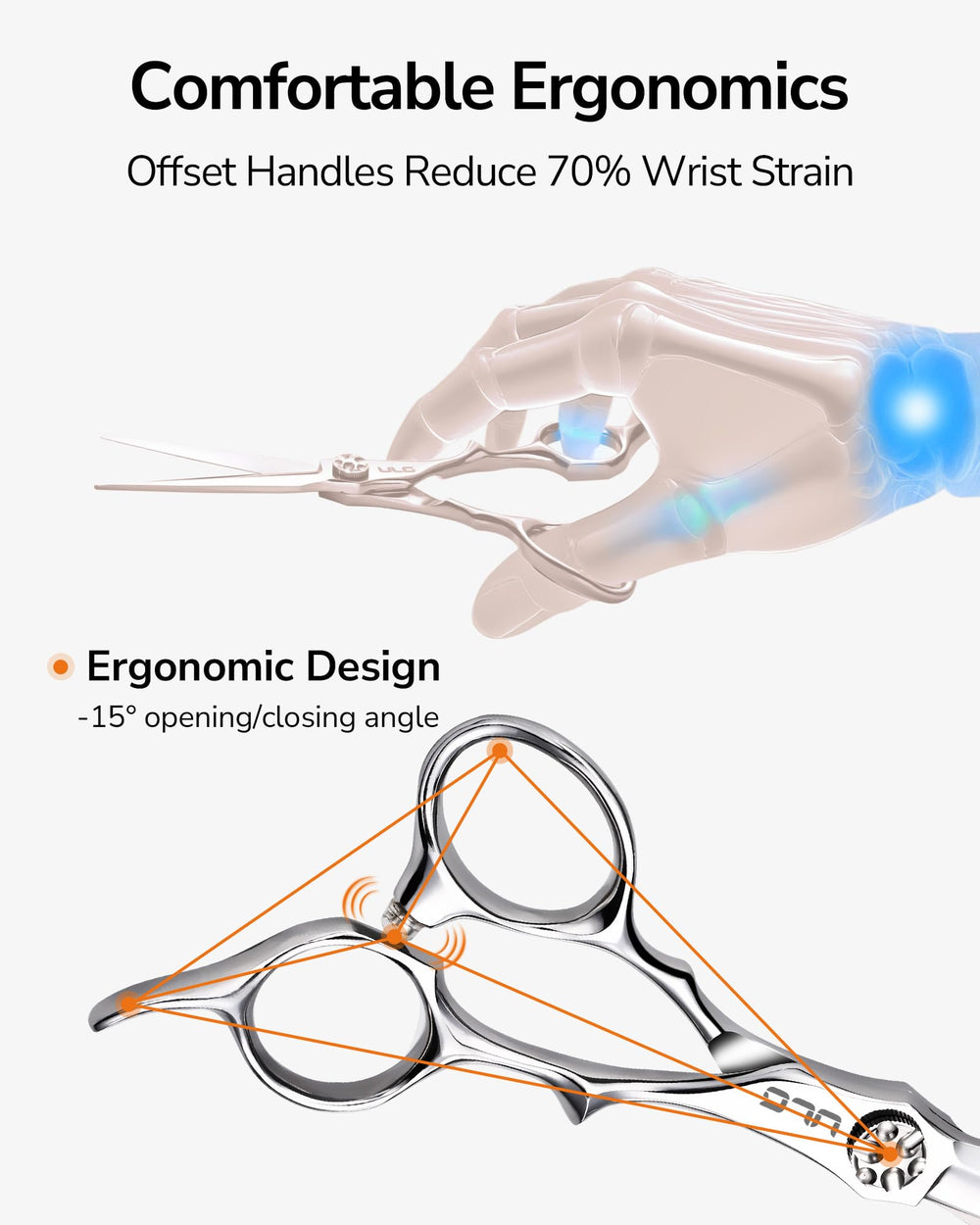 ULG scissors in use on hair demonstrating smooth cutting action