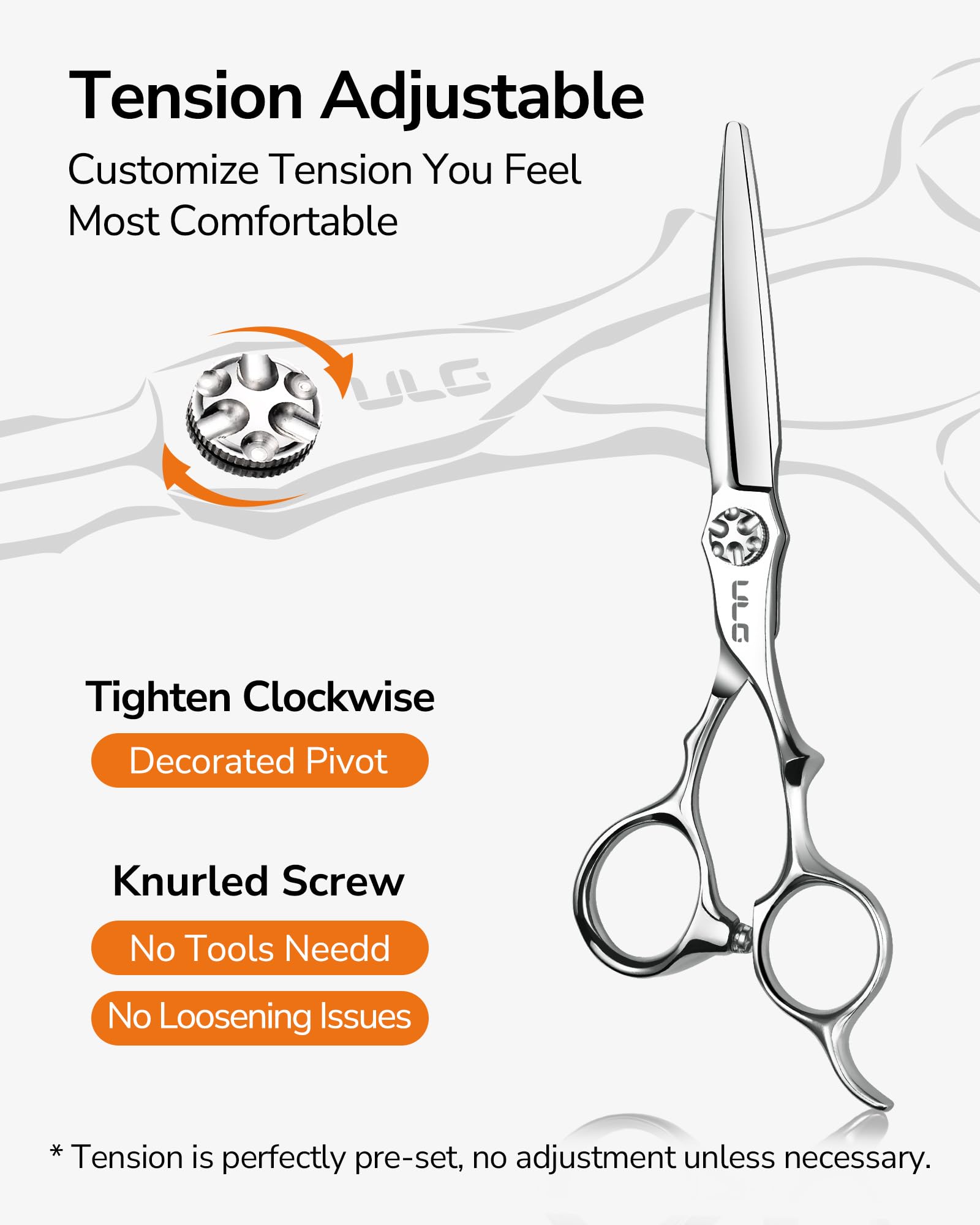 ULG tension screw detail on 6.7-inch scissors for adjustable control