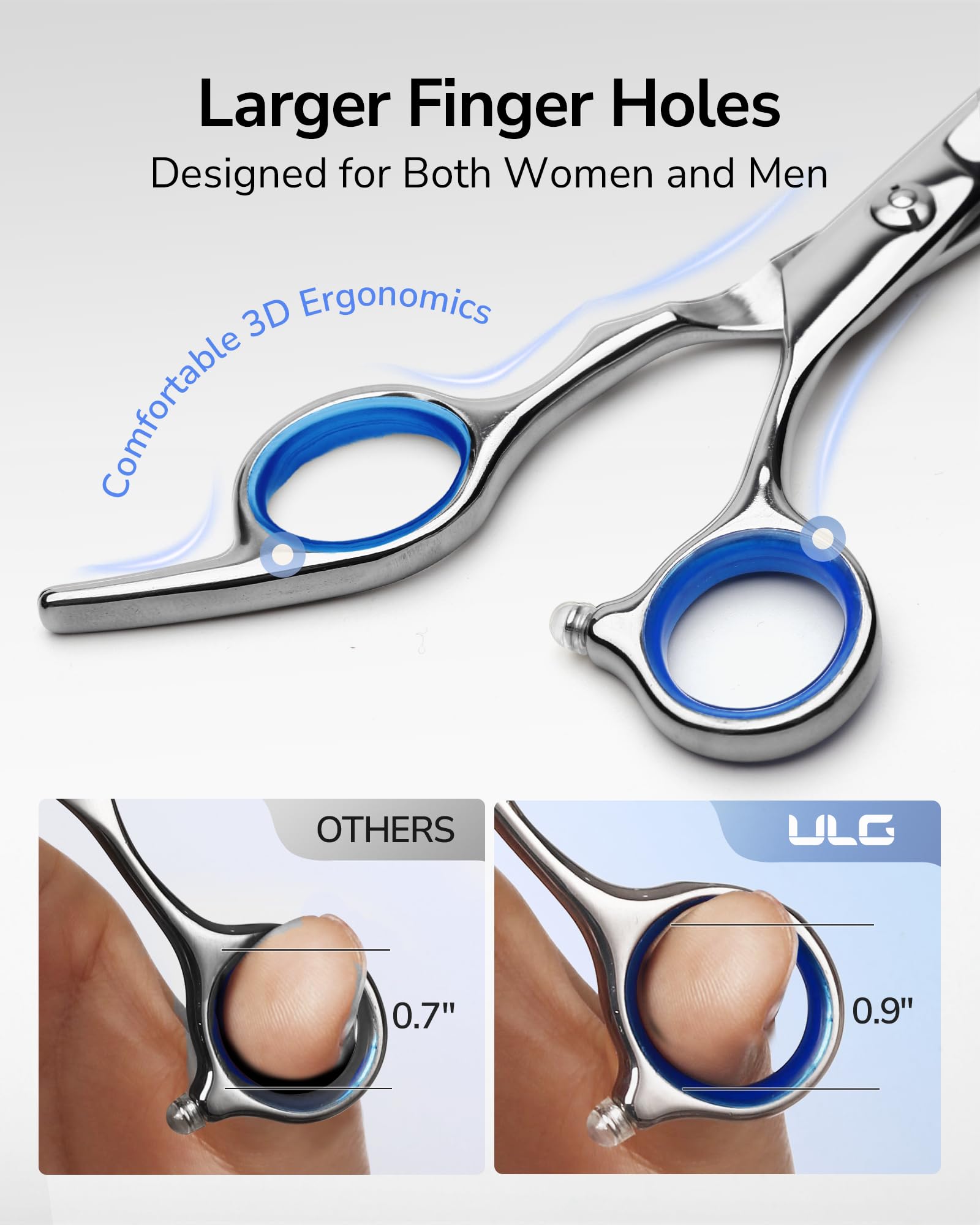 ULG razor-edge scissors feature blue diamond stones for premium precision and style.