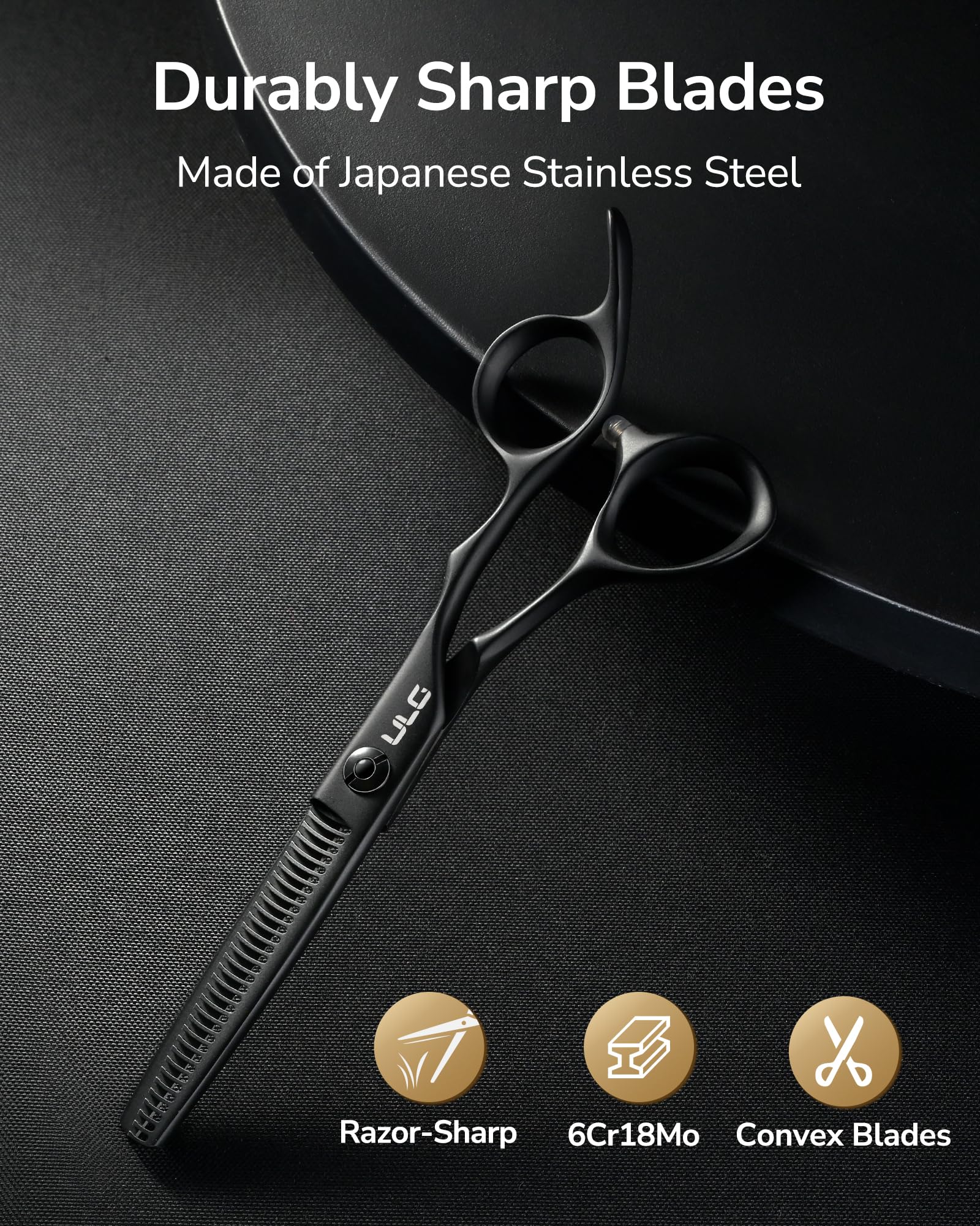 ULG Seamless thinning shears blade close-up highlighting precision serrated edges.