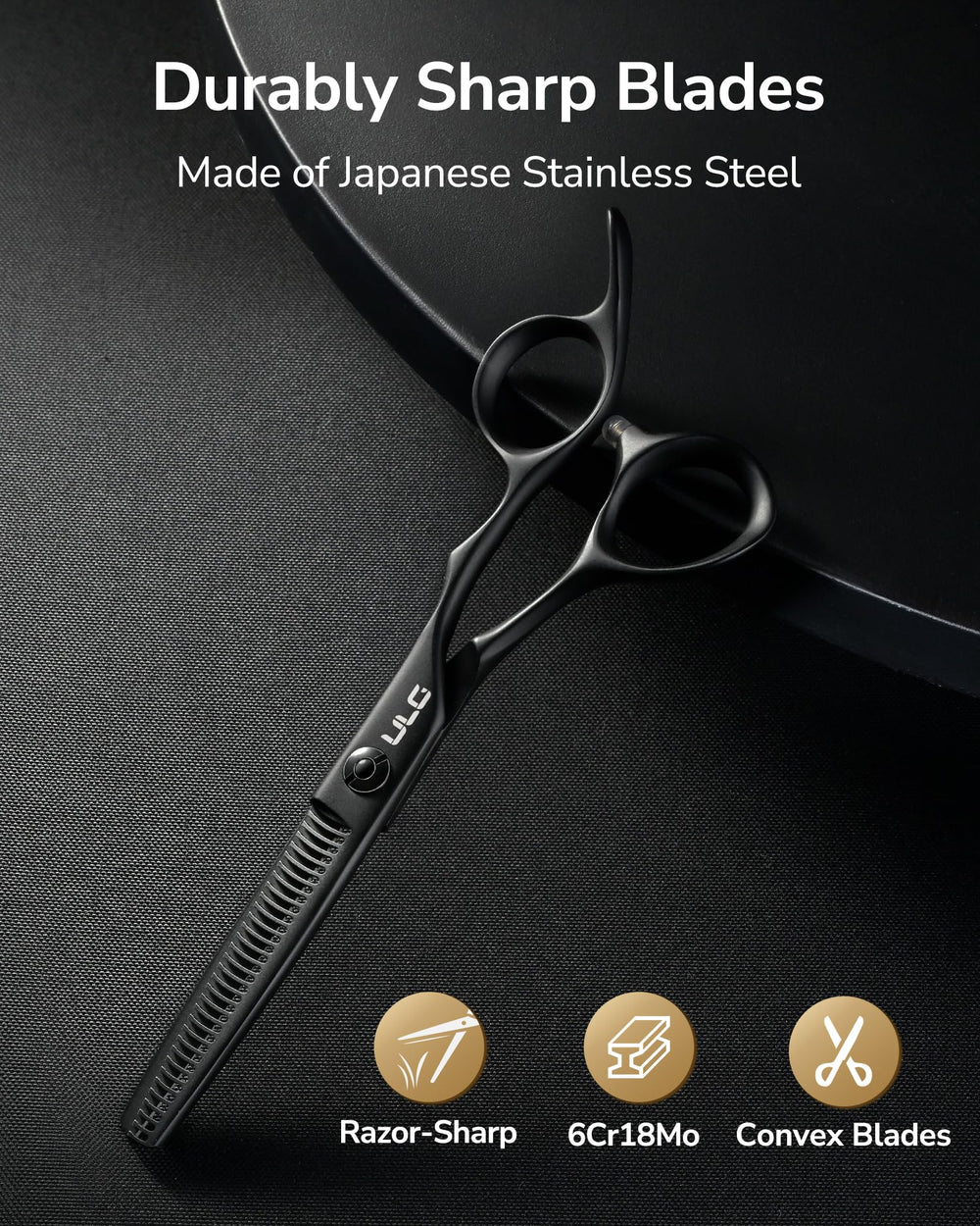 ULG Seamless thinning shears blade close-up highlighting precision serrated edges.