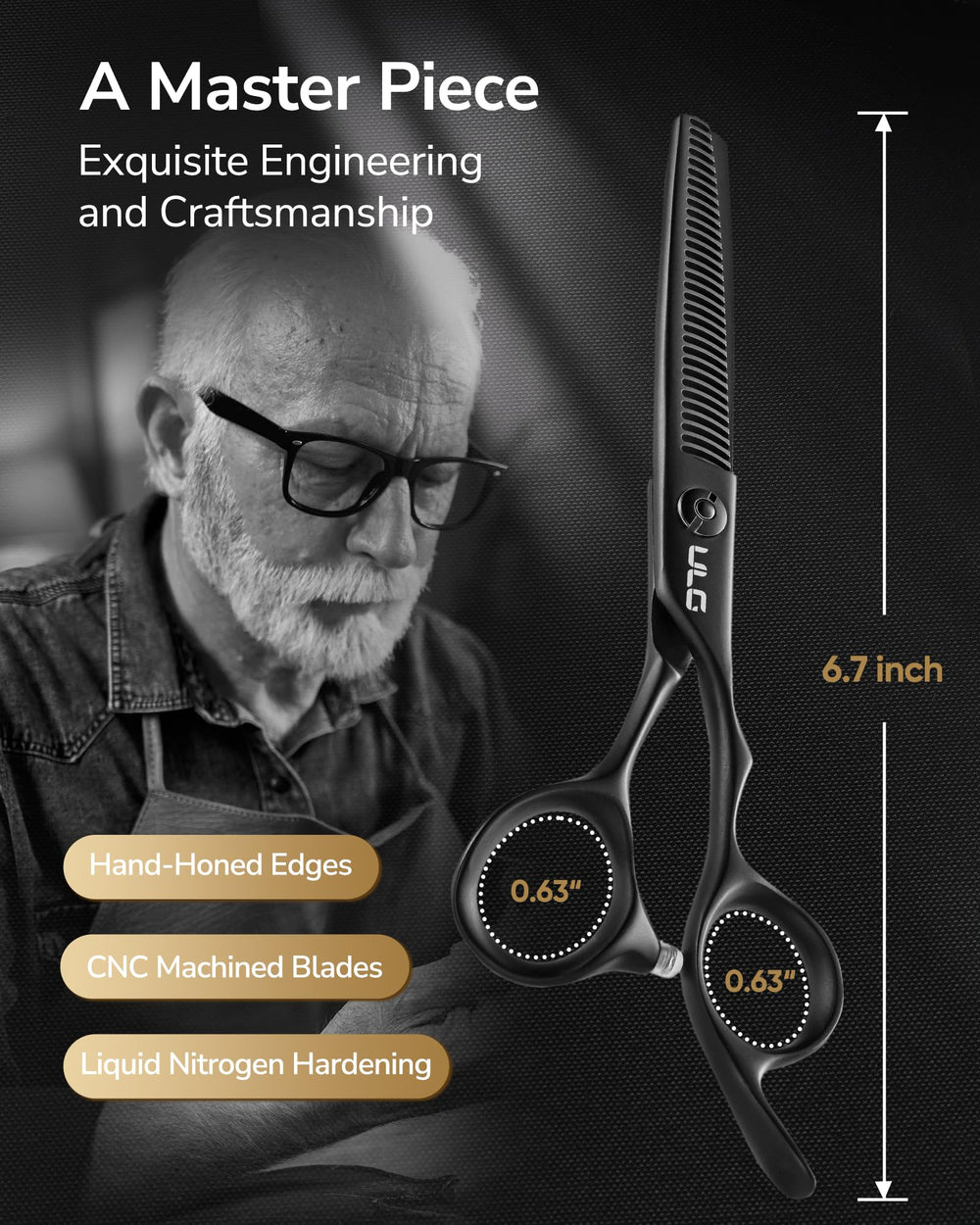 ULG Seamless thinning shears ergonomic offset handles close-up for comfortable use.