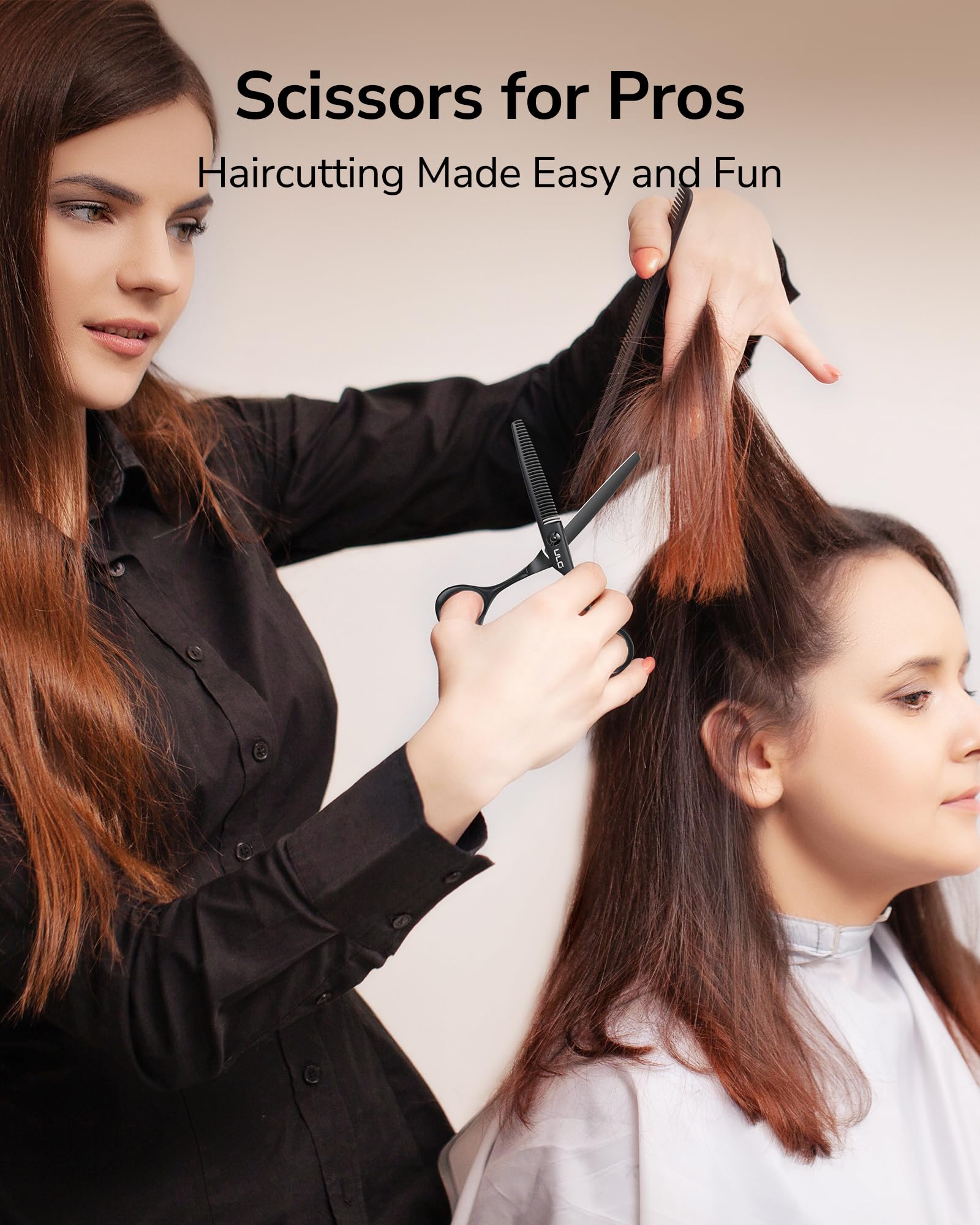 ULG Seamless thinning shears in use during a haircut for natural thinning.