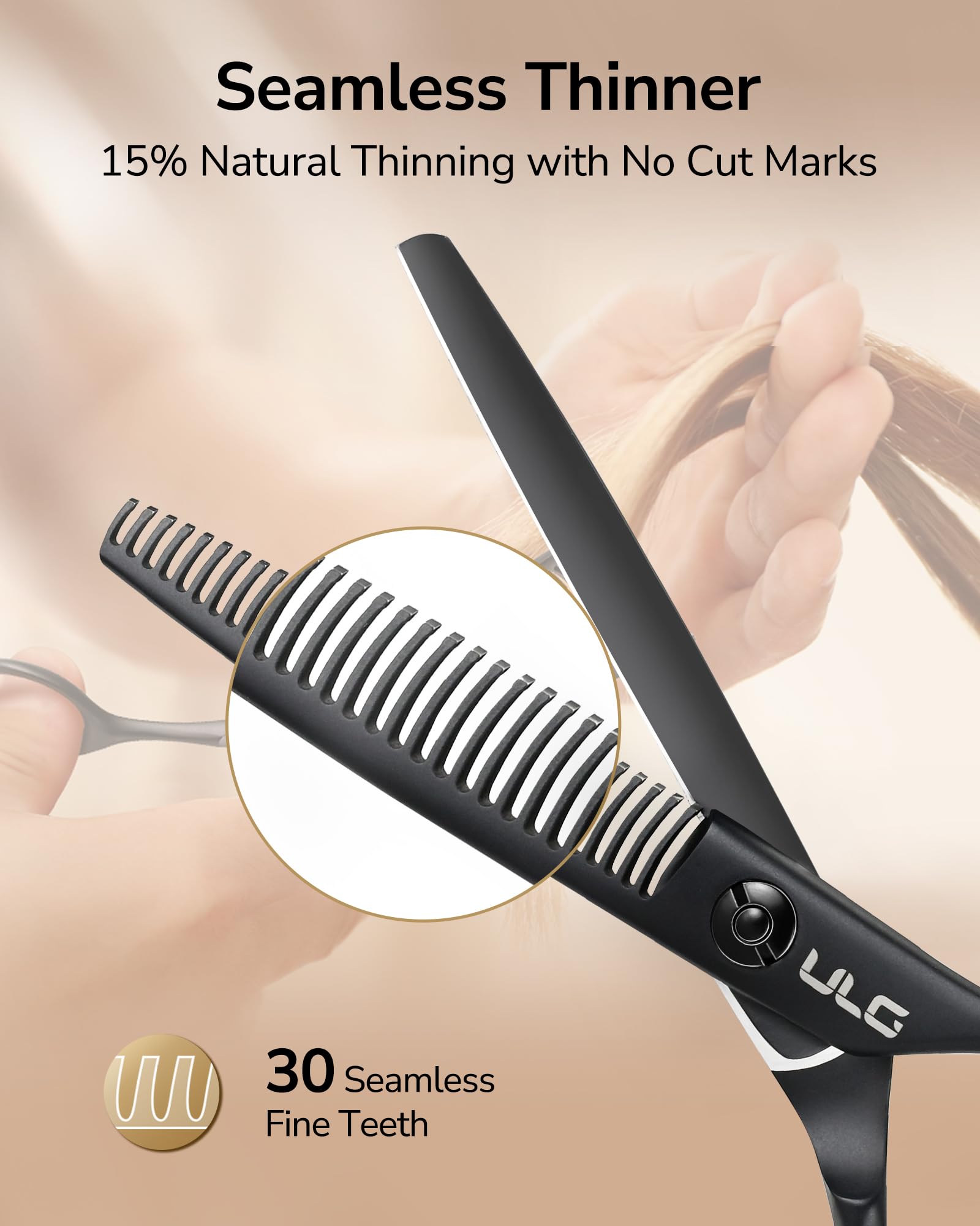ULG Seamless thinning shears laser-cut blades close-up signaling exceptional sharpness.