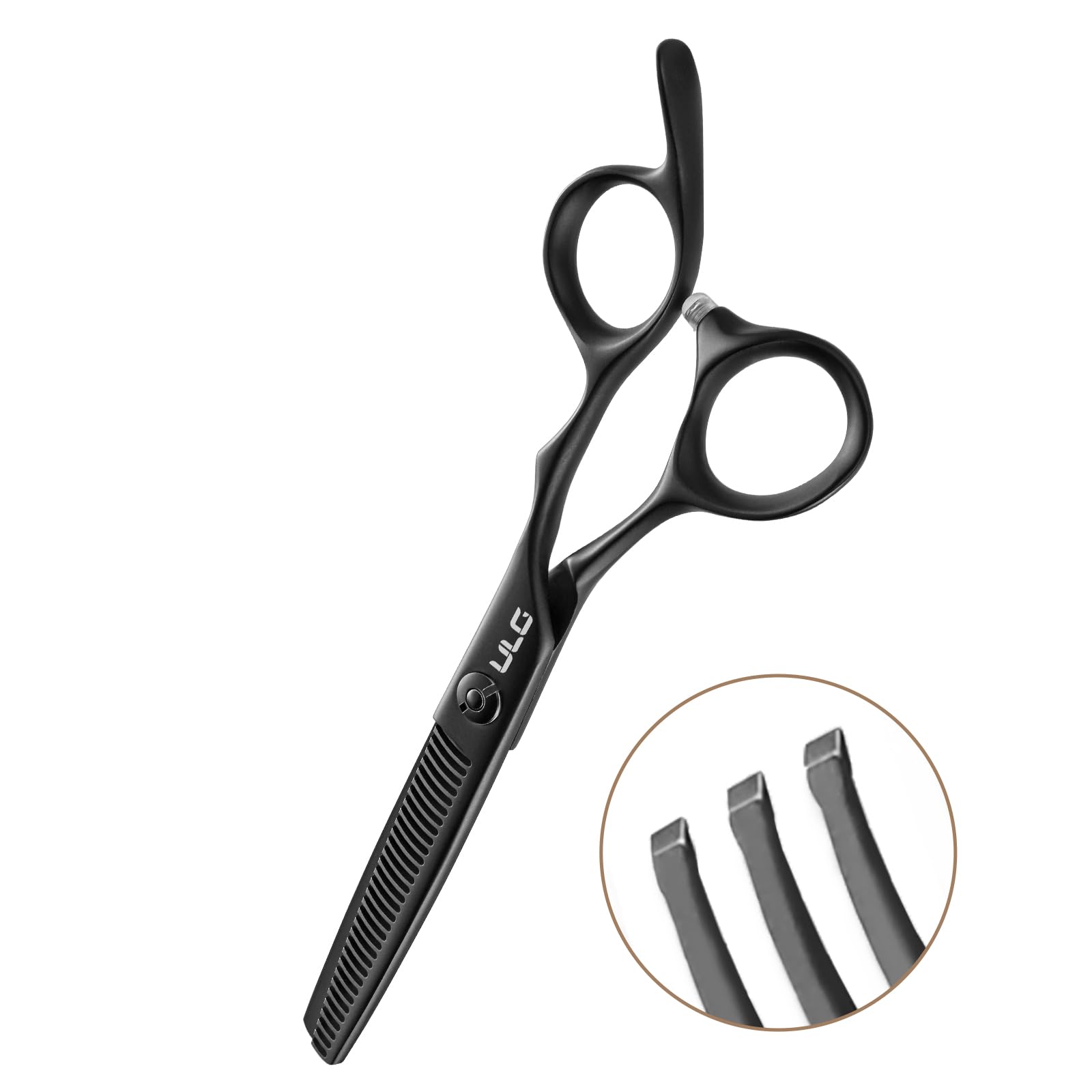 ULG Seamless thinning shears matte black finish close-up showing corrosion resistance and control.