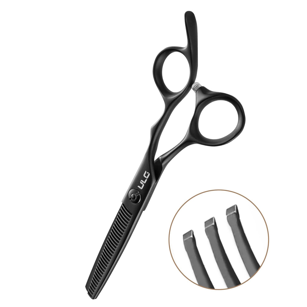 ULG Seamless thinning shears matte black finish close-up showing corrosion resistance and control.