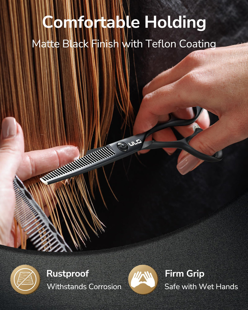 ULG Seamless thinning shears teflon coating close-up emphasizes smooth grip and anti-slip surface.