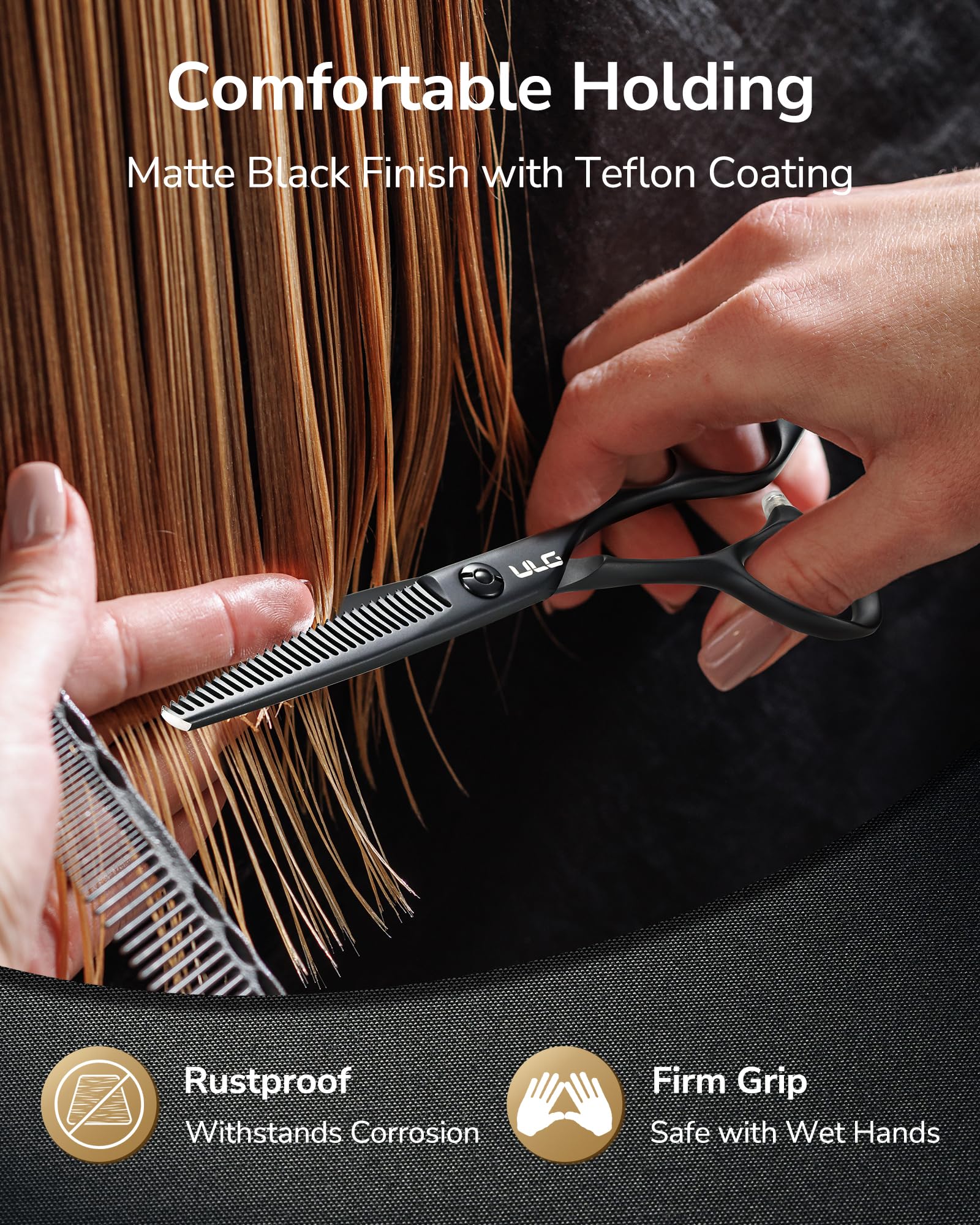 ULG Texturizing Shears with matte Teﬂon coating for durability and non-slip grip.