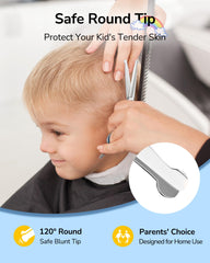 ULG thinning shears for texture during toddler haircuts.