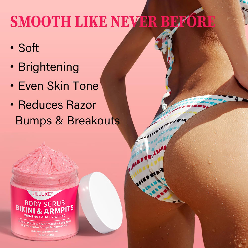 ulluxe bikini area exfoliator with walnut shell powder exfoliates and smooths pores