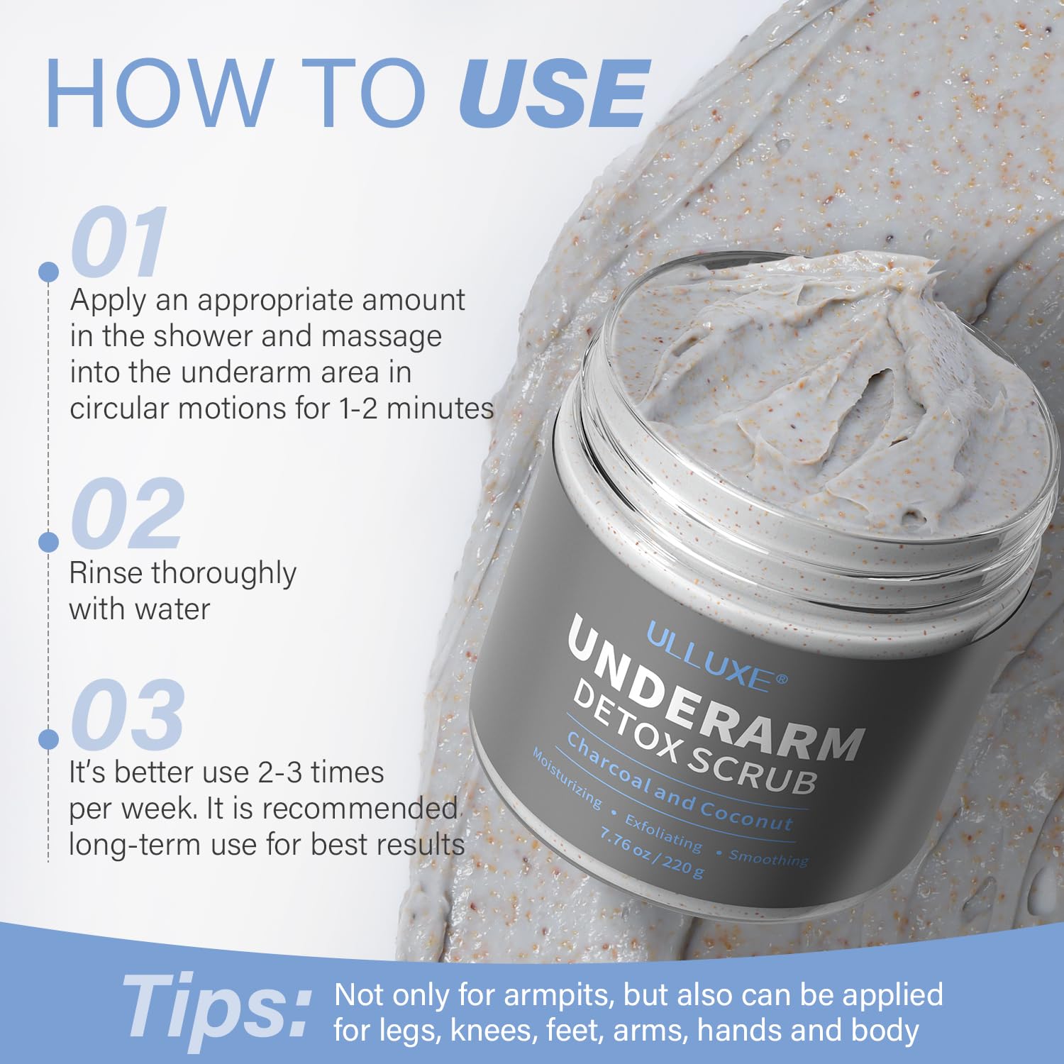 Ulluxe Charcoal Underarm Scrub refreshing mint finish after wash.