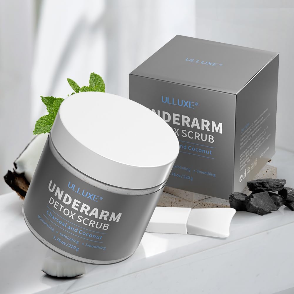 Ulluxe Charcoal Underarm Scrub packaging in a bathroom setting.