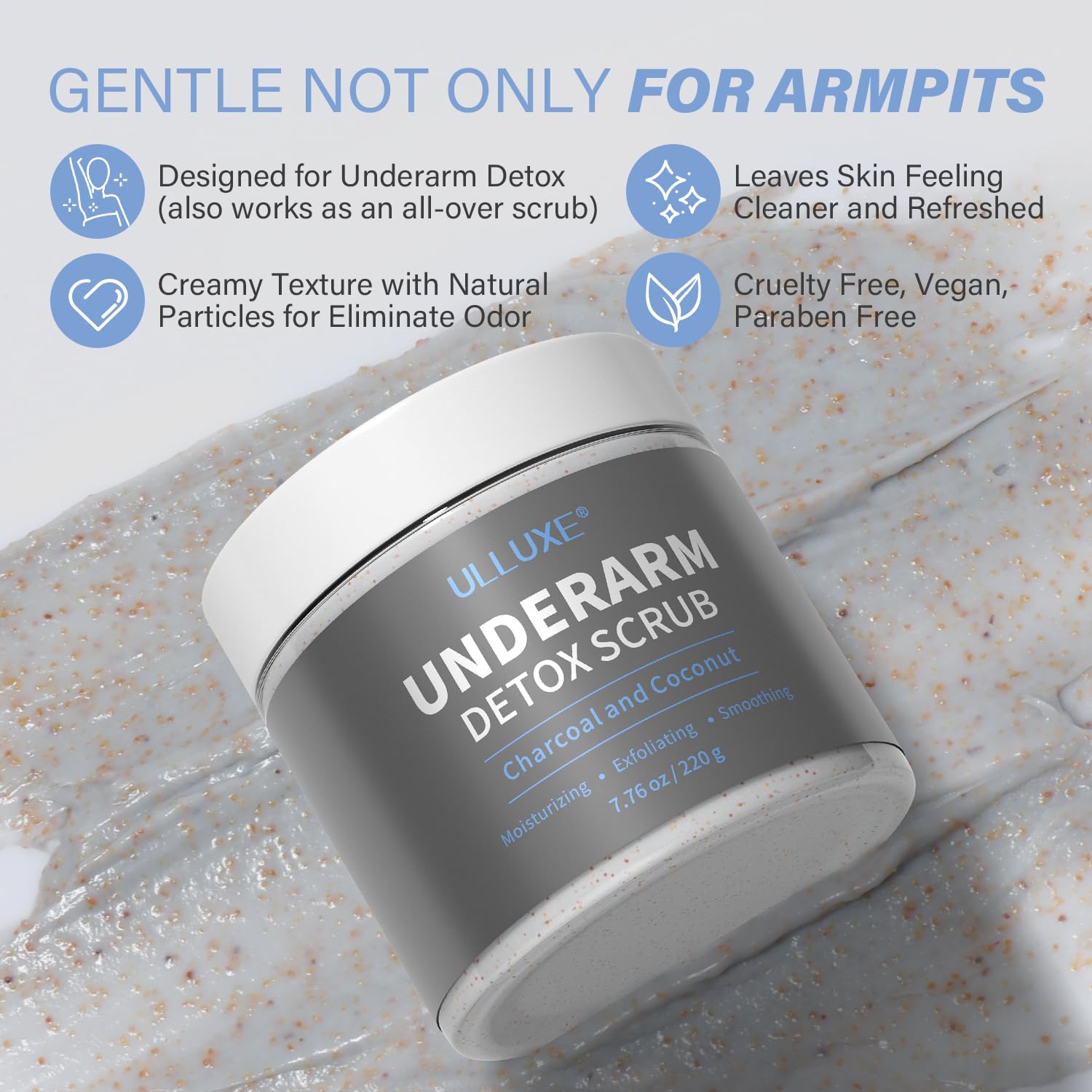 Ulluxe Charcoal Underarm Scrub texture closeup with walnut shell powder for exfoliation.