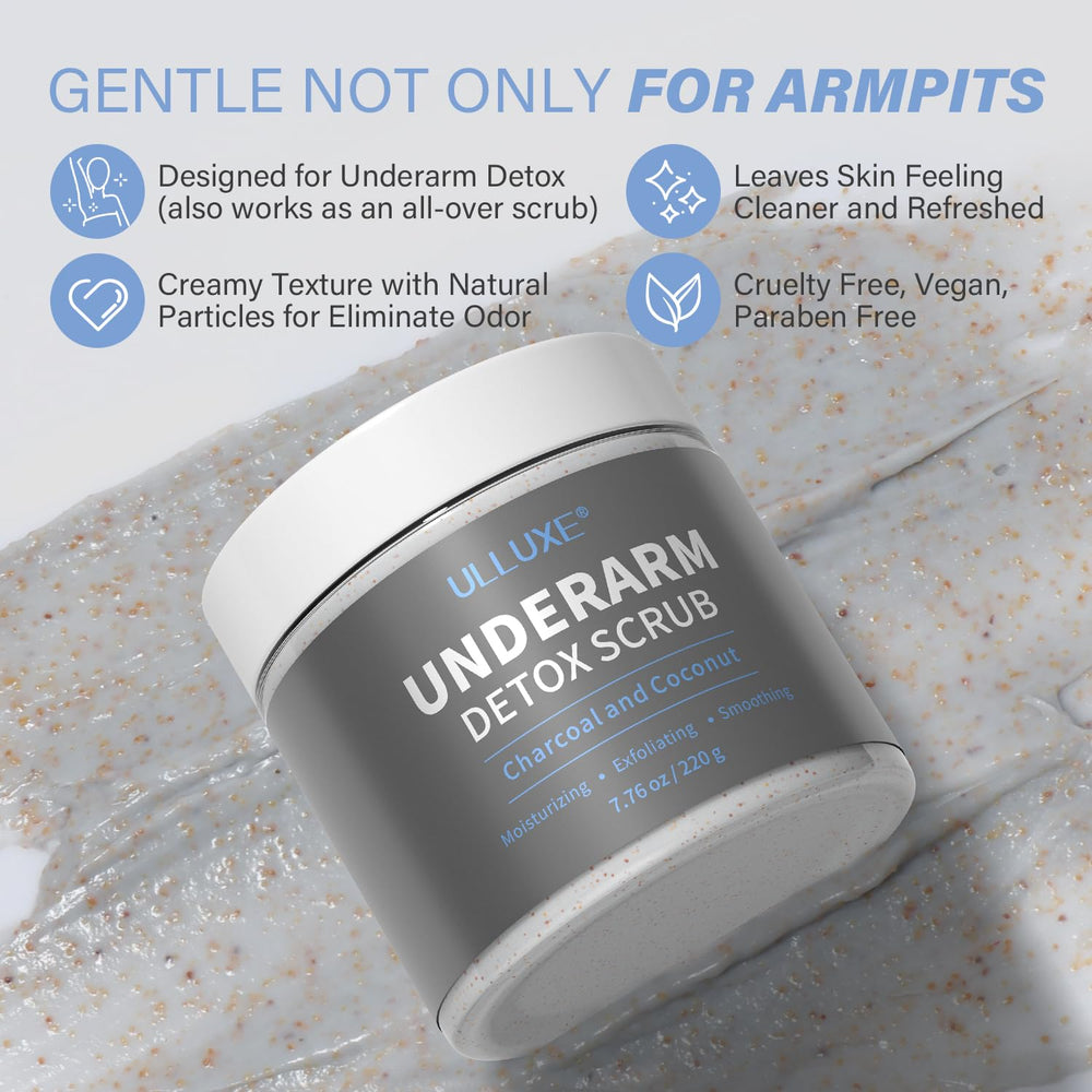 Ulluxe Charcoal Underarm Scrub texture closeup with walnut shell powder for exfoliation.
