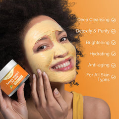 ulluxe turmeric clay mask applied on face demonstrates cleansing and pore care potential.