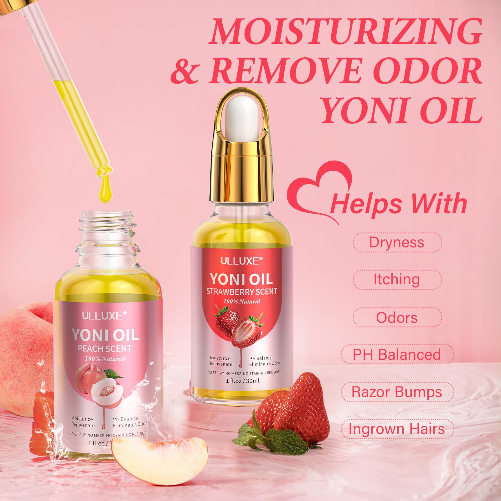 ulluxe Yoni Oil bottle close-up highlighting peach and strawberry scent for intimate care