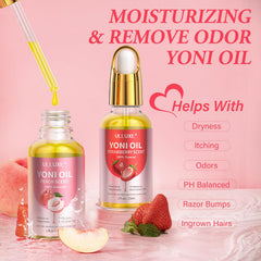 ulluxe Yoni Oil bottle close-up highlighting peach and strawberry scent for intimate care