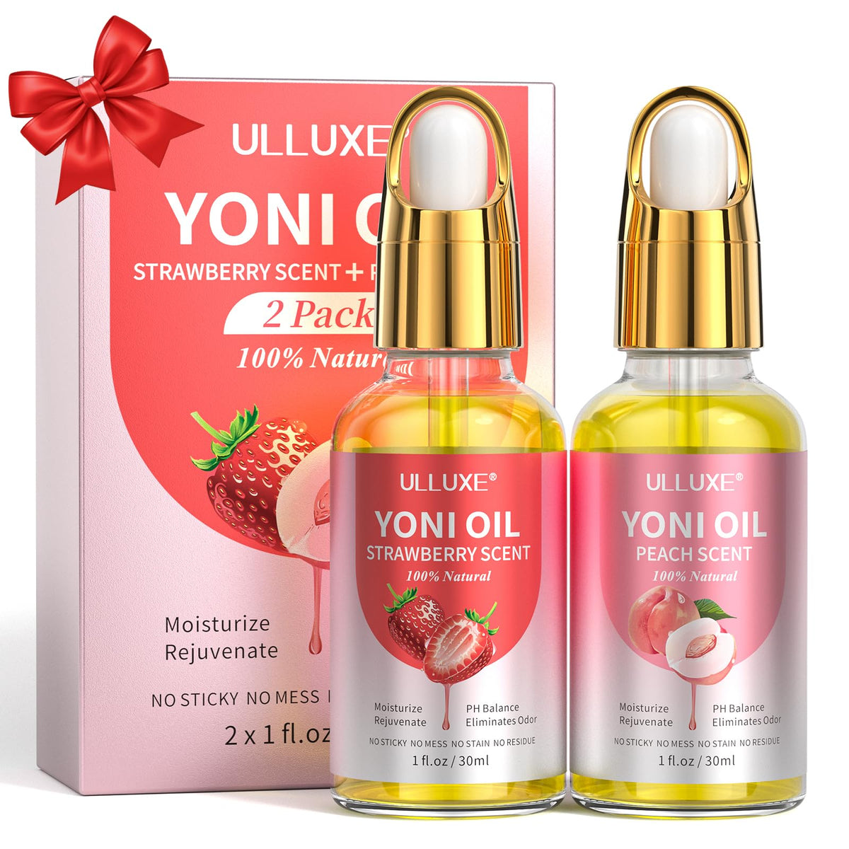 ulluxe Yoni Oil bottle with dual peach and strawberry flavors for daily moisture