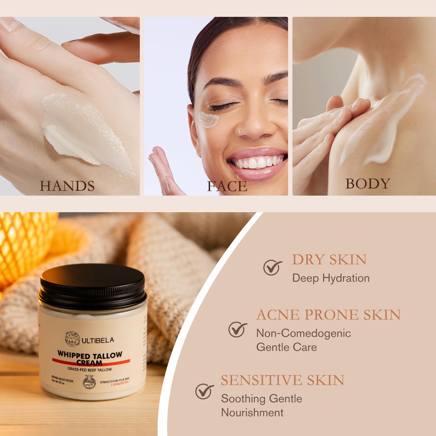 ULTIBELA body cream being applied to elbows, highlighting dryness relief