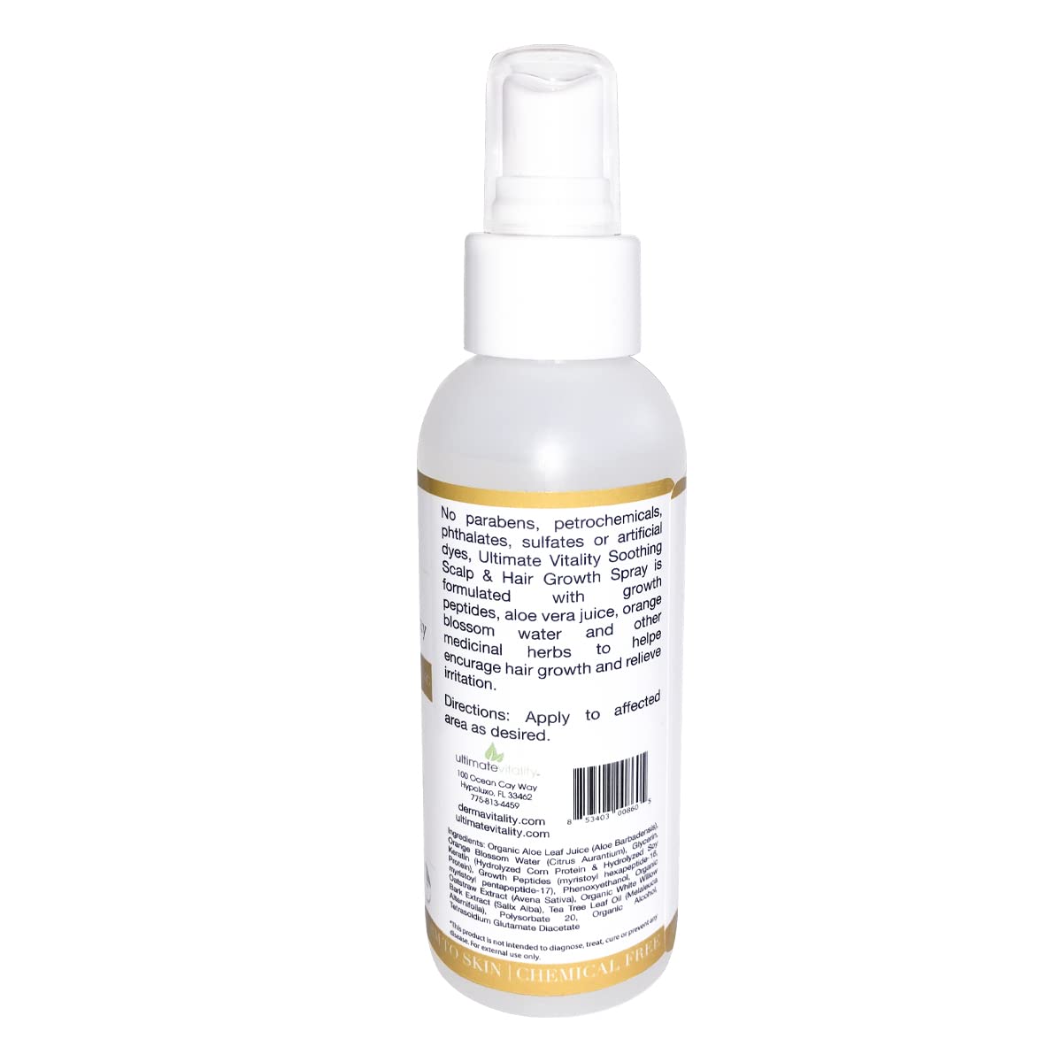 UltimateVitality vegan-friendly label on spray bottle indicating cruelty-free