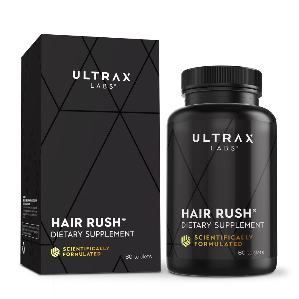 Ultrax Labs Hair Rush bottle close-up showing solubilized keratin formula for hair support