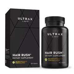 Ultrax Labs Hair Rush bottle close-up showing solubilized keratin formula for hair support