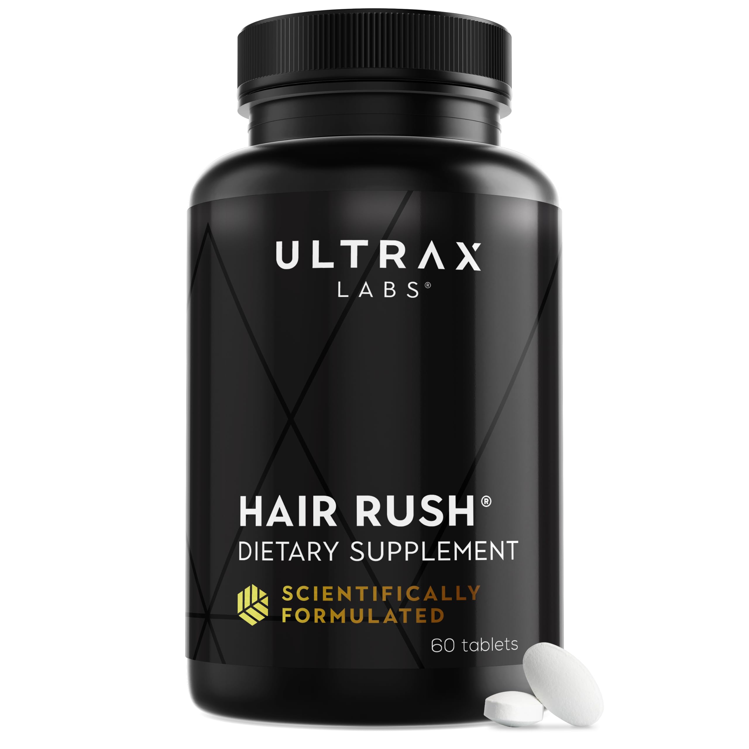 Hair Rush on bathroom shelf with compact daily-use bottle from Ultrax Labs
