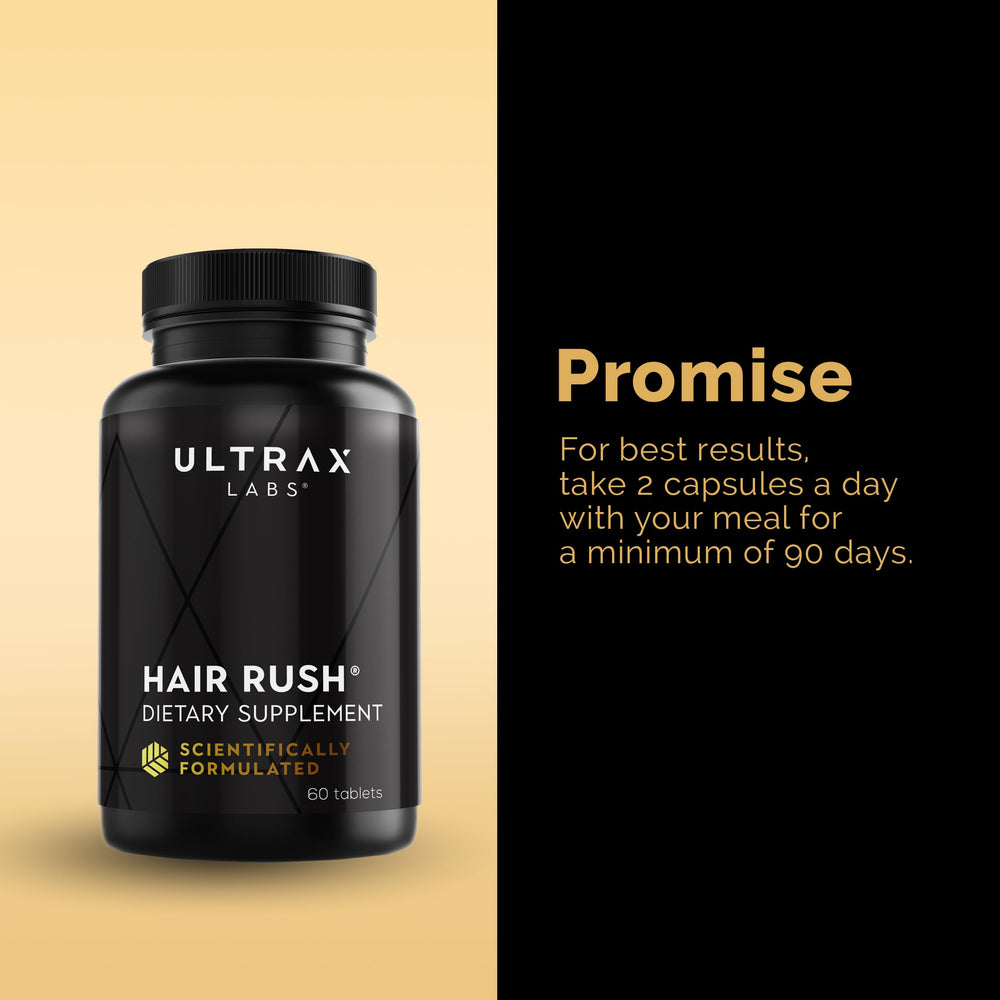 Keratin formula close-up of Ultrax Labs Hair Rush emphasizing hair strength support