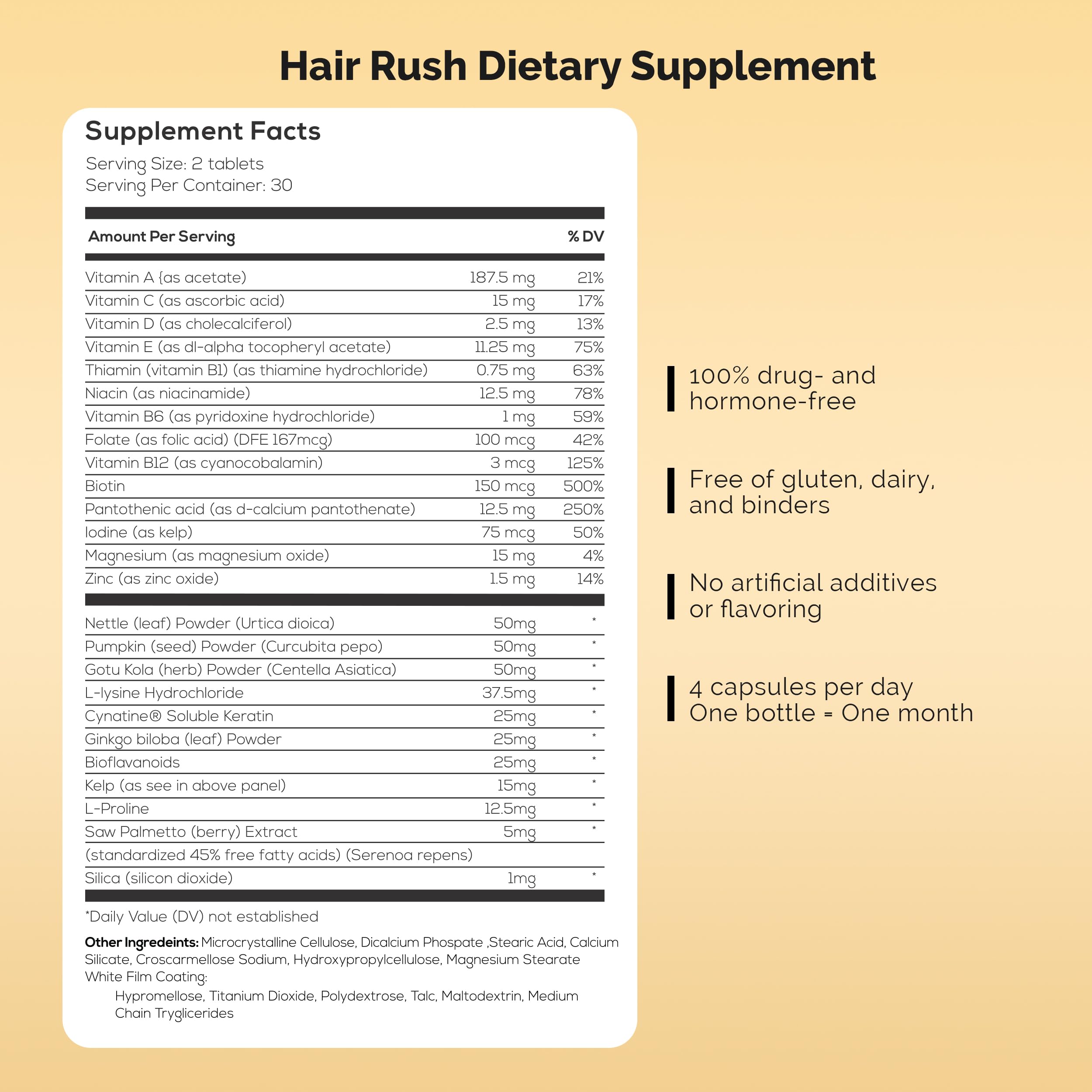 Hair Rush tablet pack from Ultrax Labs highlighting 60-count bottle and nutrient-rich blend